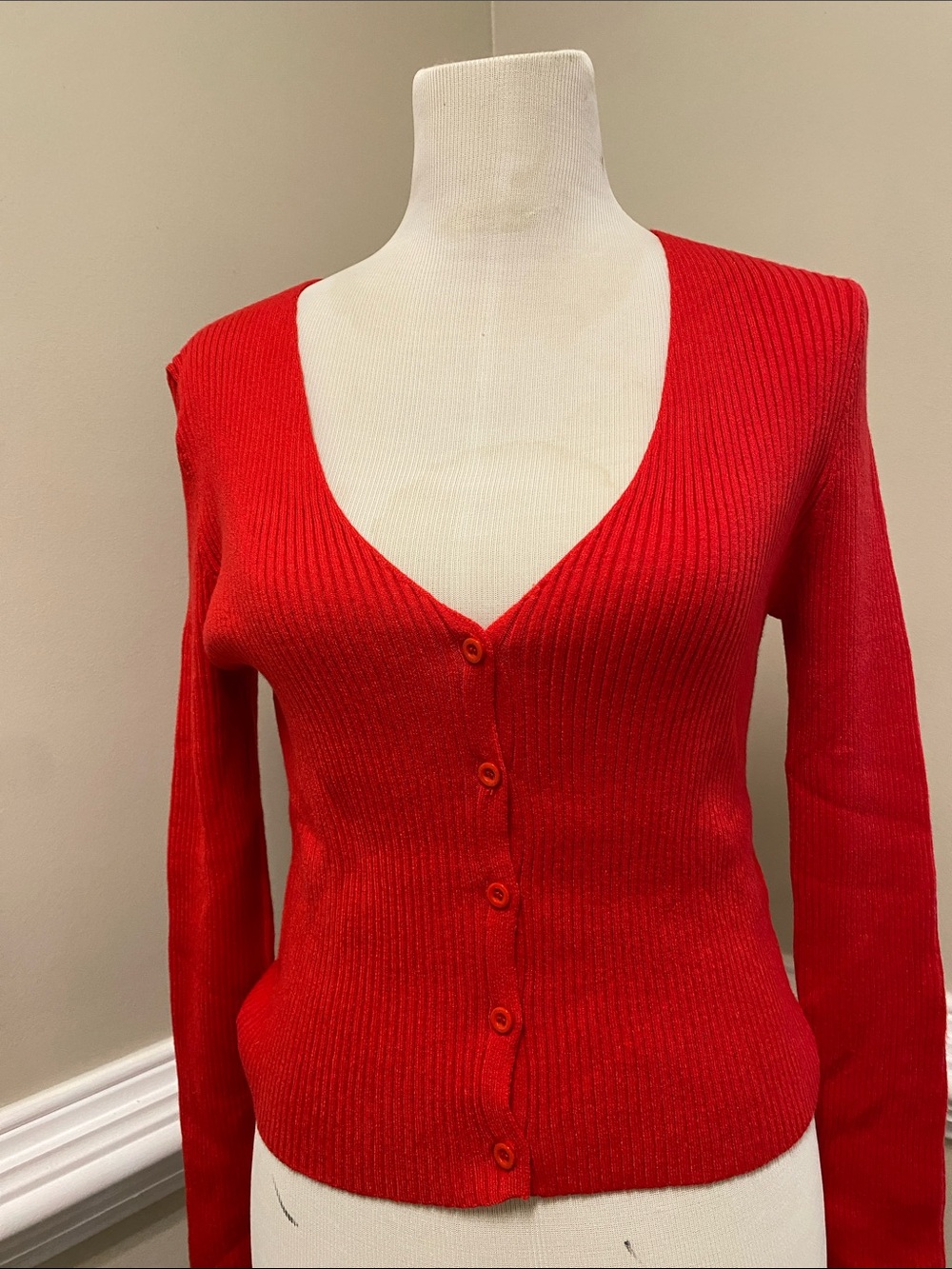 Vici Bright Red Ribbed V-Neck Button Cardigan